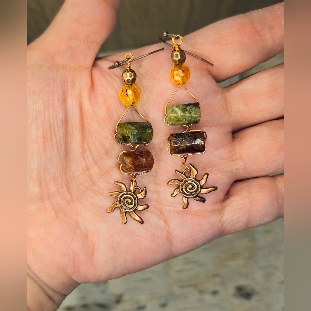 Nile Priestess' Sacred Green & Brown Garnets In Antique Copper Artisan Earrings - Picture 6 of 10